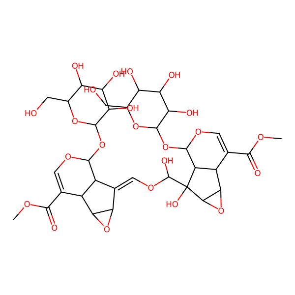 2D Structure of Methyl 5-hydroxy-5-[hydroxy-[[10-methoxycarbonyl-7-[3,4,5-trihydroxy-6-(hydroxymethyl)oxan-2-yl]oxy-3,8-dioxatricyclo[4.4.0.02,4]dec-9-en-5-ylidene]methoxy]methyl]-7-[3,4,5-trihydroxy-6-(hydroxymethyl)oxan-2-yl]oxy-3,8-dioxatricyclo[4.4.0.02,4]dec-9-ene-10-carboxylate