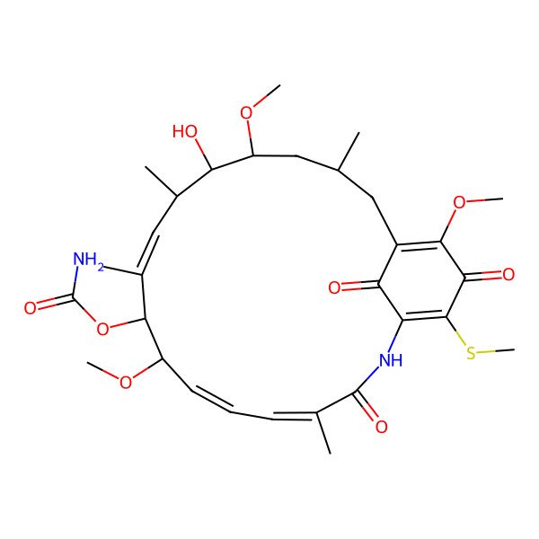 2D Structure of (13-Hydroxy-8,14,19-trimethoxy-4,10,12,16-tetramethyl-21-methylsulfanyl-3,20,22-trioxo-2-azabicyclo[16.3.1]docosa-1(21),4,6,10,18-pentaen-9-yl) carbamate