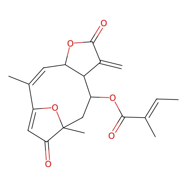 2D Structure of (2,11-Dimethyl-7-methylidene-6,12-dioxo-5,14-dioxatricyclo[9.2.1.04,8]tetradeca-1(13),2-dien-9-yl) 2-methylbut-2-enoate