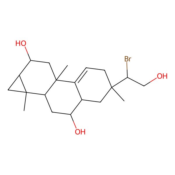 2D Structure of 5-(1-Bromo-2-hydroxyethyl)-1a,5,7b-trimethyl-1,1b,2,3,3a,4,6,8,9,9a-decahydrocyclopropa[a]phenanthrene-3,9-diol