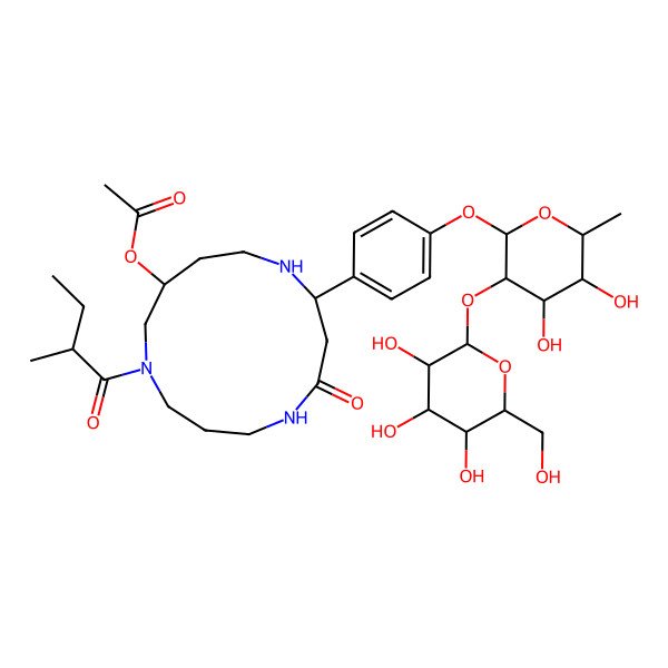 2D Structure of [(2R,11S)-2-[4-[(2S,3R,4R,5R,6S)-4,5-dihydroxy-6-methyl-3-[(2S,3R,4S,5S,6R)-3,4,5-trihydroxy-6-(hydroxymethyl)oxan-2-yl]oxyoxan-2-yl]oxyphenyl]-9-[(2S)-2-methylbutanoyl]-4-oxo-1,5,9-triazacyclotridec-11-yl] acetate