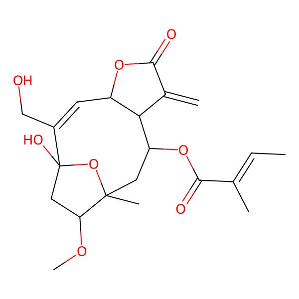 2D Structure of [1-Hydroxy-2-(hydroxymethyl)-12-methoxy-11-methyl-7-methylidene-6-oxo-5,14-dioxatricyclo[9.2.1.04,8]tetradec-2-en-9-yl] 2-methylbut-2-enoate