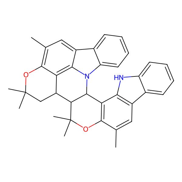2D Structure of 14,17,17,21,21,24-Hexamethyl-16,22-dioxa-1,5-diazanonacyclo[17.13.2.02,18.03,15.04,12.06,11.023,34.026,33.027,32]tetratriaconta-3(15),4(12),6,8,10,13,23(34),24,26(33),27,29,31-dodecaene