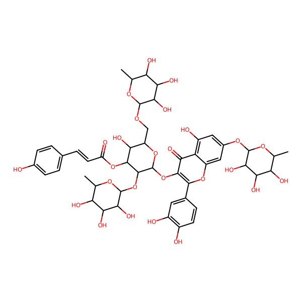 2D Structure of [(2S,3R,4S,5S,6R)-2-[2-(3,4-dihydroxyphenyl)-5-hydroxy-4-oxo-7-[(2R,3S,4R,5R,6S)-3,4,5-trihydroxy-6-methyloxan-2-yl]oxychromen-3-yl]oxy-5-hydroxy-3-[(2S,3S,4S,5R,6S)-3,4,5-trihydroxy-6-methyloxan-2-yl]oxy-6-[[(2R,3S,4R,5R,6S)-3,4,5-trihydroxy-6-methyloxan-2-yl]oxymethyl]oxan-4-yl] (E)-3-(4-hydroxyphenyl)prop-2-enoate