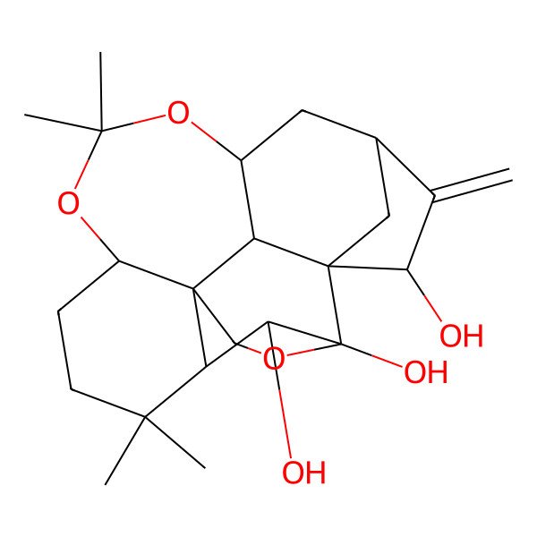 2D Structure of 9,9,14,14-Tetramethyl-19-methylidene-5,13,15-trioxahexacyclo[16.2.1.01,6.02,16.03,8.03,12]henicosane-6,7,20-triol