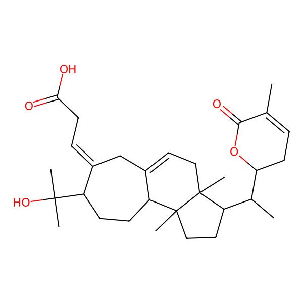 2D Structure of (3E)-3-[(3R,3aR,8R,10aR,10bS)-8-(2-hydroxypropan-2-yl)-3a,10b-dimethyl-3-[(1S)-1-[(2S)-5-methyl-6-oxo-2,3-dihydropyran-2-yl]ethyl]-2,3,4,6,8,9,10,10a-octahydro-1H-cyclohepta[e]inden-7-ylidene]propanoic acid