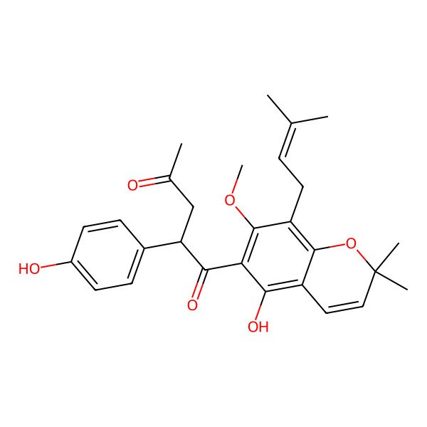 2D Structure of (2S)-1-[5-hydroxy-7-methoxy-2,2-dimethyl-8-(3-methylbut-2-enyl)chromen-6-yl]-2-(4-hydroxyphenyl)pentane-1,4-dione