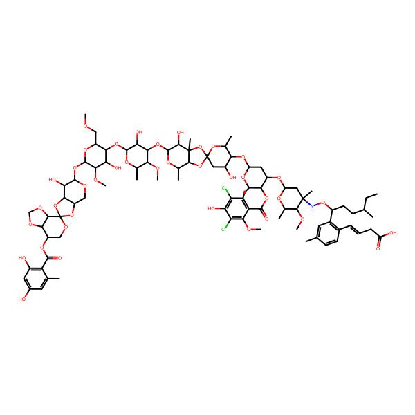 2D Structure of (E)-4-[2-[1-[[(2S,3R,4S,6S)-6-[(2R,3R,4R,6S)-6-[(2R,2'R,3'S,3aR,4R,4'R,6S,7S,7aR)-6-[(2S,3R,4R,5S,6R)-2-[(2R,3S,4S,5S,6S)-6-[(3aR,3'aS,4R,6'S,7R,7'R,7aS,7'aS)-7-(2,4-dihydroxy-6-methylbenzoyl)oxy-7'-hydroxyspiro[3a,6,7,7a-tetrahydro-[1,3]dioxolo[4,5-c]pyran-4,2'-4,6,7,7a-tetrahydro-3aH-[1,3]dioxolo[4,5-c]pyran]-6'-yl]oxy-4-hydroxy-5-methoxy-2-(methoxymethyl)oxan-3-yl]oxy-3-hydroxy-5-methoxy-6-methyloxan-4-yl]oxy-4',7-dihydroxy-2',4,7a-trimethylspiro[3a,4,6,7-tetrahydro-[1,3]dioxolo[4,5-c]pyran-2,6'-oxane]-3'-yl]oxy-3-(3,5-dichloro-4-hydroxy-2-methoxy-6-methylbenzoyl)oxy-2-methyloxan-4-yl]oxy-3-methoxy-2,4-dimethyloxan-4-yl]amino]oxy-4-methylhexyl]-4-methylphenyl]but-3-enoic acid