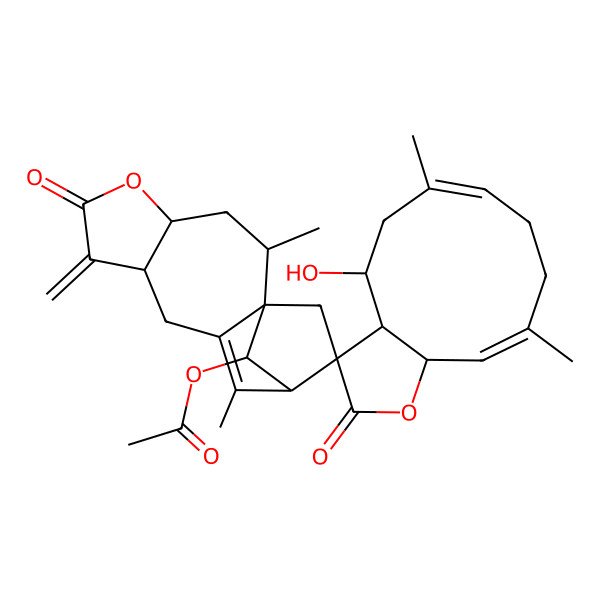 2D Structure of (4-Hydroxy-2',6,10,11'-tetramethyl-7'-methylidene-2,6'-dioxospiro[3a,4,5,8,9,11a-hexahydrocyclodeca[b]furan-3,13'-5-oxatetracyclo[10.2.1.01,10.04,8]pentadec-10-ene]-15'-yl) acetate