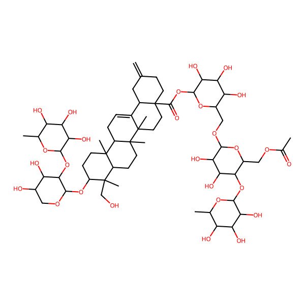 2D Structure of [(2S,3R,4S,5S,6R)-6-[[(2R,3R,4R,5S,6R)-6-(acetyloxymethyl)-3,4-dihydroxy-5-[(2S,3R,4R,5R,6S)-3,4,5-trihydroxy-6-methyloxan-2-yl]oxyoxan-2-yl]oxymethyl]-3,4,5-trihydroxyoxan-2-yl] (4aS,6aR,6aS,6bR,8aR,9R,10S,12aR,14bS)-10-[(2S,3R,4S,5S)-4,5-dihydroxy-3-[(2S,3R,4R,5R,6S)-3,4,5-trihydroxy-6-methyloxan-2-yl]oxyoxan-2-yl]oxy-9-(hydroxymethyl)-6a,6b,9,12a-tetramethyl-2-methylidene-1,3,4,5,6,6a,7,8,8a,10,11,12,13,14b-tetradecahydropicene-4a-carboxylate