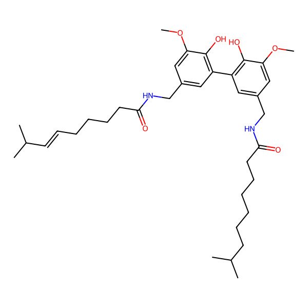 2D Structure of N-[[4-hydroxy-3-[2-hydroxy-3-methoxy-5-[(8-methylnon-6-enoylamino)methyl]phenyl]-5-methoxyphenyl]methyl]-8-methylnonanamide