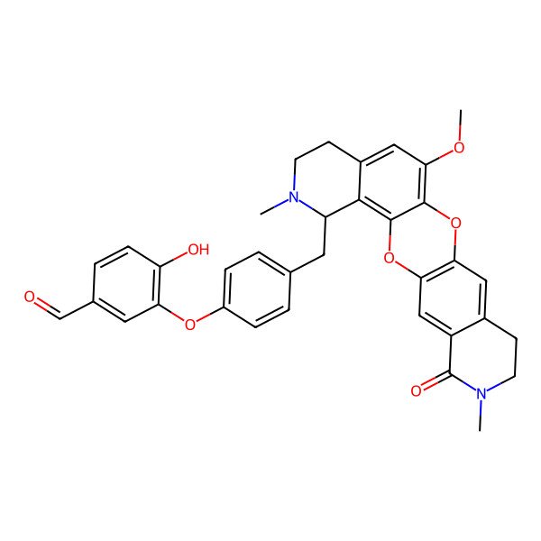 2D Structure of 4-hydroxy-3-[4-[[(5S)-11-methoxy-6,19-dimethyl-20-oxo-2,13-dioxa-6,19-diazapentacyclo[12.8.0.03,12.04,9.016,21]docosa-1(14),3,9,11,15,21-hexaen-5-yl]methyl]phenoxy]benzaldehyde