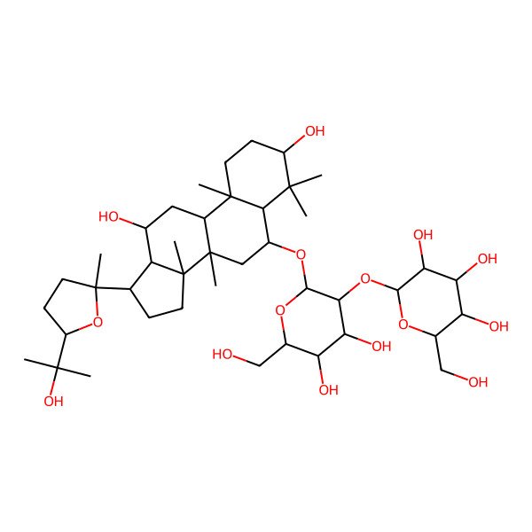 2D Structure of (2S,3R,4S,5S,6R)-2-[(2R,3R,4S,5S,6R)-2-[[(3S,5R,6S,8R,9R,10R,12R,13S,14R,17S)-3,12-dihydroxy-17-[(2S,5S)-5-(2-hydroxypropan-2-yl)-2-methyloxolan-2-yl]-4,4,8,10,14-pentamethyl-2,3,5,6,7,9,11,12,13,15,16,17-dodecahydro-1H-cyclopenta[a]phenanthren-6-yl]oxy]-4,5-dihydroxy-6-(hydroxymethyl)oxan-3-yl]oxy-6-(hydroxymethyl)oxane-3,4,5-triol