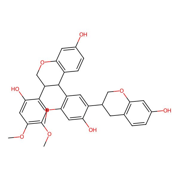2D Structure of (3R,4S)-3-(2-hydroxy-4,5-dimethoxyphenyl)-4-[4-hydroxy-5-[(3R)-7-hydroxy-3,4-dihydro-2H-chromen-3-yl]-2-methoxyphenyl]-3,4-dihydro-2H-chromen-7-ol