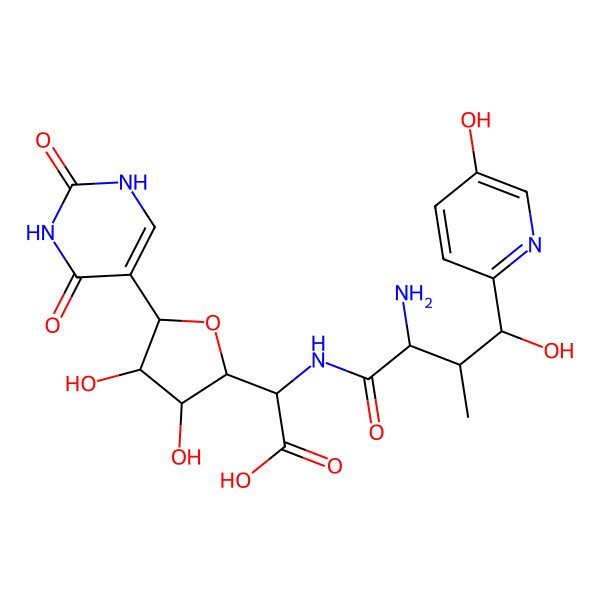 2D Structure of (2R)-2-[[(2S,3S,4R)-2-amino-4-hydroxy-4-(5-hydroxypyridin-2-yl)-3-methylbutanoyl]amino]-2-[(2S,3S,4R,5R)-5-(2,4-dioxo-1H-pyrimidin-5-yl)-3,4-dihydroxyoxolan-2-yl]acetic acid