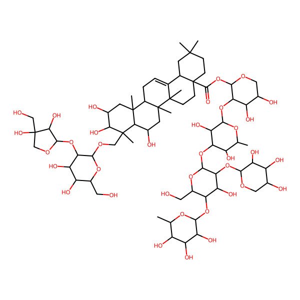 2D Structure of [(2S,3R,4S,5S)-3-[(2S,3R,4R,5S,6S)-3,5-dihydroxy-4-[(2S,3R,4S,5S,6R)-4-hydroxy-6-(hydroxymethyl)-5-[(2S,3R,4R,5R,6S)-3,4,5-trihydroxy-6-methyloxan-2-yl]oxy-3-[(2S,3R,4S,5R)-3,4,5-trihydroxyoxan-2-yl]oxyoxan-2-yl]oxy-6-methyloxan-2-yl]oxy-4,5-dihydroxyoxan-2-yl] (4aS,6aR,6aS,6bR,8R,8aR,9R,10R,11S,12aR,14bR)-9-[[(2R,3R,4S,5S,6R)-3-[(2S,3R,4R)-3,4-dihydroxy-4-(hydroxymethyl)oxolan-2-yl]oxy-4,5-dihydroxy-6-(hydroxymethyl)oxan-2-yl]oxymethyl]-8,10,11-trihydroxy-2,2,6a,6b,9,12a-hexamethyl-1,3,4,5,6,6a,7,8,8a,10,11,12,13,14b-tetradecahydropicene-4a-carboxylate