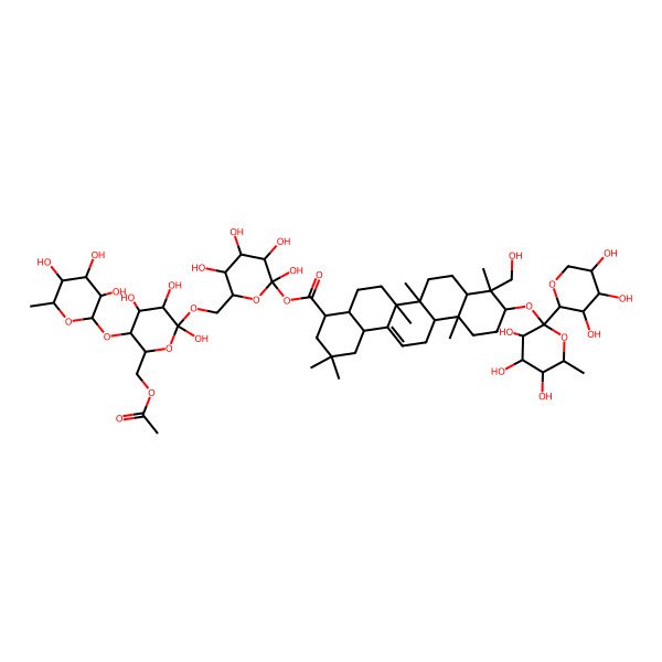 2D Structure of [(2R,3S,5S)-6-[[(2S,3S,5S)-6-(acetyloxymethyl)-2,3,4-trihydroxy-5-[(3S,4S,5S,6R)-3,4,5-trihydroxy-6-methyloxan-2-yl]oxyoxan-2-yl]oxymethyl]-2,3,4,5-tetrahydroxyoxan-2-yl] (4R,6aS,6bR,9R,10S,12aR,14bR)-9-(hydroxymethyl)-2,2,6a,6b,9,12a-hexamethyl-10-[(3S,4S,5S,6R)-3,4,5-trihydroxy-6-methyl-2-[(3R,4R,5S)-3,4,5-trihydroxyoxan-2-yl]oxan-2-yl]oxy-3,4,4a,5,6,6a,7,8,8a,10,11,12,13,14b-tetradecahydro-1H-picene-4-carboxylate