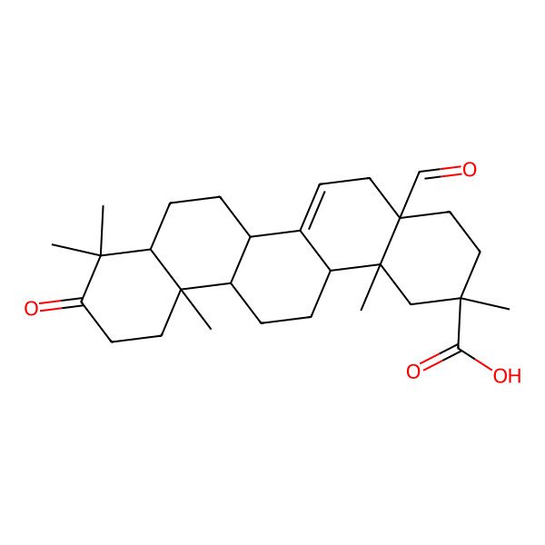 2D Structure of (2R,4aS,6aS,6bR,8aR,12aR,14aS,14bS)-4a-formyl-2,9,9,12a,14b-pentamethyl-10-oxo-1,3,4,5,6a,6b,7,8,8a,11,12,13,14,14a-tetradecahydropicene-2-carboxylic acid