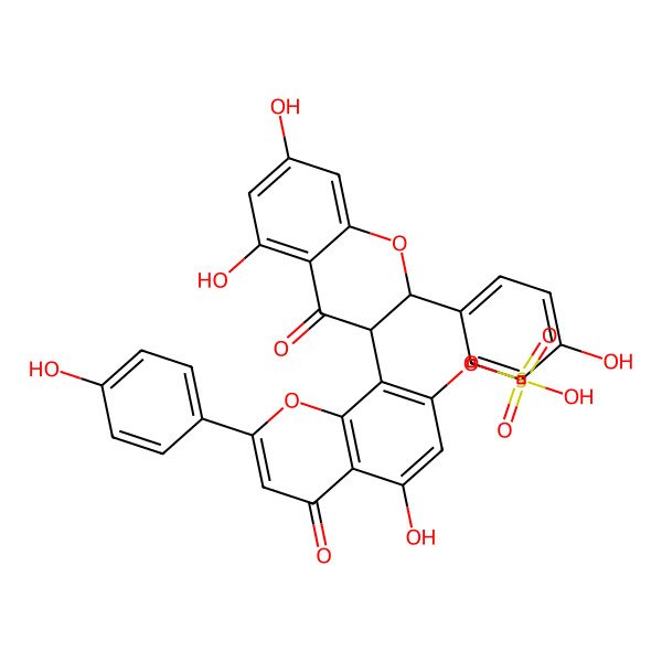 2D Structure of [8-[(2R,3S)-5,7-dihydroxy-2-(4-hydroxyphenyl)-4-oxo-2,3-dihydrochromen-3-yl]-5-hydroxy-2-(4-hydroxyphenyl)-4-oxochromen-7-yl] hydrogen sulfate