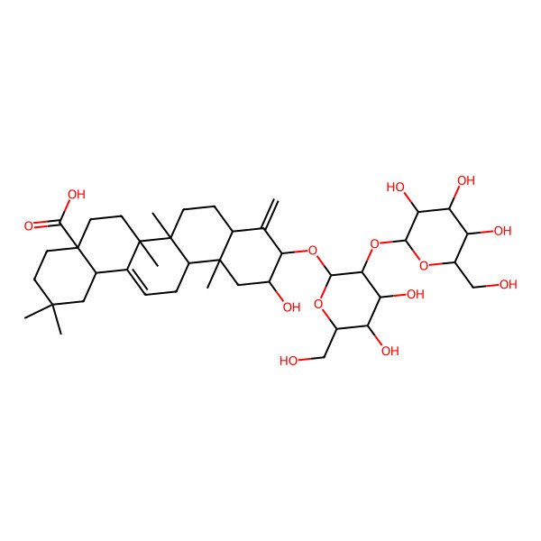2D Structure of 10-[4,5-Dihydroxy-6-(hydroxymethyl)-3-[3,4,5-trihydroxy-6-(hydroxymethyl)oxan-2-yl]oxyoxan-2-yl]oxy-11-hydroxy-2,2,6a,6b,12a-pentamethyl-9-methylidene-1,3,4,5,6,6a,7,8,8a,10,11,12,13,14b-tetradecahydropicene-4a-carboxylic acid