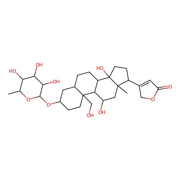 2D Structure of 3-[11,14-dihydroxy-10-(hydroxymethyl)-13-methyl-3-(3,4,5-trihydroxy-6-methyloxan-2-yl)oxy-1,2,3,4,5,6,7,8,9,11,12,15,16,17-tetradecahydrocyclopenta[a]phenanthren-17-yl]-2H-furan-5-one