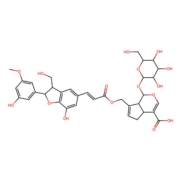 2D Structure of 7-[3-[7-Hydroxy-2-(3-hydroxy-5-methoxyphenyl)-3-(hydroxymethyl)-2,3-dihydro-1-benzofuran-5-yl]prop-2-enoyloxymethyl]-1-[3,4,5-trihydroxy-6-(hydroxymethyl)oxan-2-yl]oxy-1,4a,5,7a-tetrahydrocyclopenta[c]pyran-4-carboxylic acid
