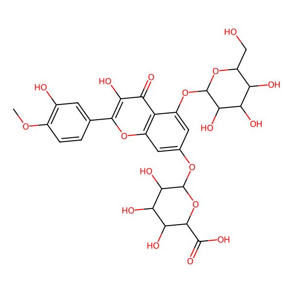 2D Structure of (2R,3S,4S,5S,6S)-3,4,5-trihydroxy-6-[3-hydroxy-2-(3-hydroxy-4-methoxyphenyl)-4-oxo-5-[(2S,3R,4S,5S,6S)-3,4,5-trihydroxy-6-(hydroxymethyl)oxan-2-yl]oxychromen-7-yl]oxyoxane-2-carboxylic acid