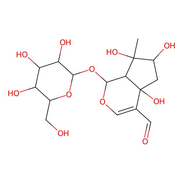 2D Structure of (1S,4aR,6S,7R,7aR)-4a,6,7-trihydroxy-7-methyl-1-[(2S,3S,4R,5S,6R)-3,4,5-trihydroxy-6-(hydroxymethyl)oxan-2-yl]oxy-1,5,6,7a-tetrahydrocyclopenta[c]pyran-4-carbaldehyde