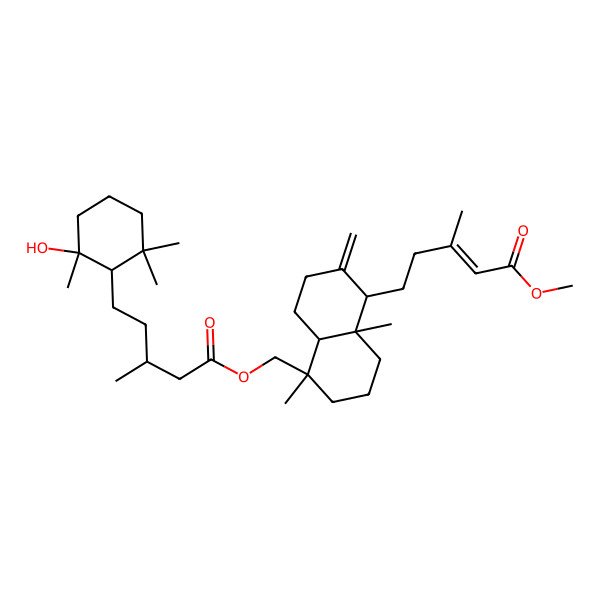 2D Structure of [5-(5-methoxy-3-methyl-5-oxopent-3-enyl)-1,4a-dimethyl-6-methylidene-3,4,5,7,8,8a-hexahydro-2H-naphthalen-1-yl]methyl 5-(2-hydroxy-2,6,6-trimethylcyclohexyl)-3-methylpentanoate