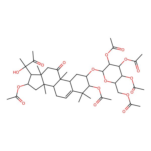 2D Structure of [(2R,3R,4S,5R,6R)-3,4,5-triacetyloxy-6-[[(2S,3R,8S,9R,10R,13R,14S,16R,17R)-3,16-diacetyloxy-17-[(2R)-2-hydroxy-3-oxobutan-2-yl]-4,4,9,13,14-pentamethyl-11-oxo-1,2,3,7,8,10,12,15,16,17-decahydrocyclopenta[a]phenanthren-2-yl]oxy]oxan-2-yl]methyl acetate
