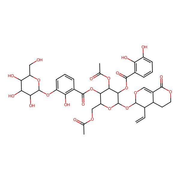 2D Structure of [(2R,3S,4R,5S,6S)-4-acetyloxy-6-(acetyloxymethyl)-2-[[(3R,4S,4aS)-4-ethenyl-8-oxo-4,4a,5,6-tetrahydro-3H-pyrano[3,4-c]pyran-3-yl]oxy]-5-[2-hydroxy-3-[(2S,3R,4S,5S,6R)-3,4,5-trihydroxy-6-(hydroxymethyl)oxan-2-yl]oxybenzoyl]oxyoxan-3-yl] 2,3-dihydroxybenzoate