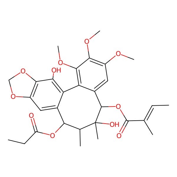 2D Structure of (9,19-Dihydroxy-3,4,5-trimethoxy-9,10-dimethyl-11-propanoyloxy-15,17-dioxatetracyclo[10.7.0.02,7.014,18]nonadeca-1(19),2,4,6,12,14(18)-hexaen-8-yl) 2-methylbut-2-enoate