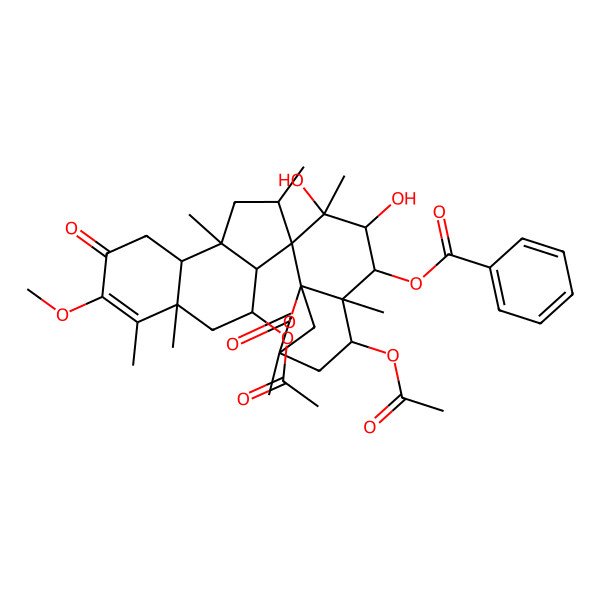 2D Structure of [(1S,2S,2'S,3R,3'aS,4R,4'R,5R,5'aS,6R,7S,9R,9'aS,9'bS)-4',7-diacetyloxy-3,4-dihydroxy-7'-methoxy-2',3,5'a,6,6',9,9'b-heptamethyl-8',10-dioxospiro[11-oxatricyclo[7.2.1.01,6]dodecane-2,3'-2,3a,4,5,9,9a-hexahydro-1H-cyclopenta[a]naphthalene]-5-yl] benzoate
