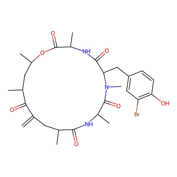2D Structure of (3S,6R,9S,12S,16R,18S)-6-[(3-bromo-4-hydroxyphenyl)methyl]-3,7,9,12,16,18-hexamethyl-14-methylidene-1-oxa-4,7,10-triazacyclooctadecane-2,5,8,11,15-pentone