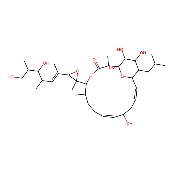 2D Structure of (9Z,13E)-5-[3-[(Z)-5,7-dihydroxy-4,6-dimethylhept-2-en-2-yl]-2-methyloxiran-2-yl]-1,11,17,18-tetrahydroxy-2,6-dimethyl-16-(2-methylpropyl)-4,19-dioxabicyclo[13.3.1]nonadeca-9,13-dien-3-one
