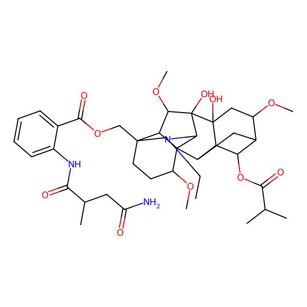 2D Structure of [11-Ethyl-8,9-dihydroxy-6,16,18-trimethoxy-4-(2-methylpropanoyloxy)-11-azahexacyclo[7.7.2.12,5.01,10.03,8.013,17]nonadecan-13-yl]methyl 2-[(4-amino-2-methyl-4-oxobutanoyl)amino]benzoate