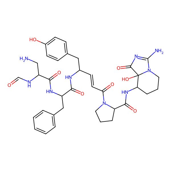 2D Structure of (2S)-N-[(8S,8aR)-3-amino-8a-hydroxy-1-oxo-5,6,7,8-tetrahydroimidazo[1,5-a]pyridin-8-yl]-1-[(E,4S)-4-[[(2R)-2-[[(2S)-3-amino-2-formamidopropanoyl]amino]-3-phenylpropanoyl]amino]-5-(4-hydroxyphenyl)pent-2-enoyl]pyrrolidine-2-carboxamide