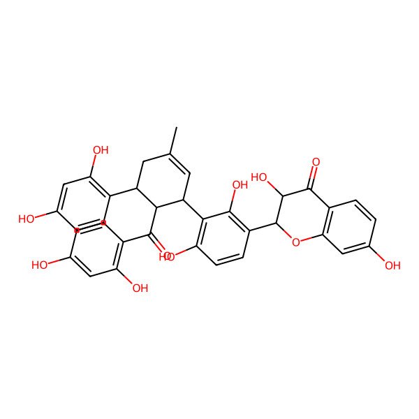 2D Structure of 2-[3-[6-(2,4-Dihydroxybenzoyl)-5-(2,4-dihydroxyphenyl)-3-methylcyclohex-2-en-1-yl]-2,4-dihydroxyphenyl]-3,7-dihydroxy-2,3-dihydrochromen-4-one