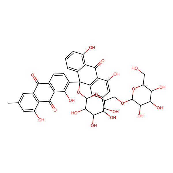 2D Structure of 2-[(9S)-4,5-dihydroxy-2-(hydroxymethyl)-10-oxo-9-[(2S,3R,4S,5S,6R)-3,4,5-trihydroxy-6-[[(2R,3R,4S,5S,6R)-3,4,5-trihydroxy-6-(hydroxymethyl)oxan-2-yl]oxymethyl]oxan-2-yl]oxyanthracen-9-yl]-1,8-dihydroxy-6-methylanthracene-9,10-dione