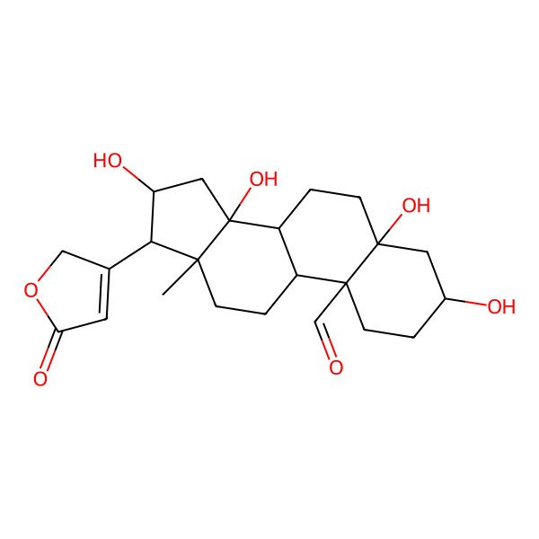 2D Structure of 3,5,14,16-tetrahydroxy-13-methyl-17-(5-oxo-2H-furan-3-yl)-2,3,4,6,7,8,9,11,12,15,16,17-dodecahydro-1H-cyclopenta[a]phenanthrene-10-carbaldehyde
