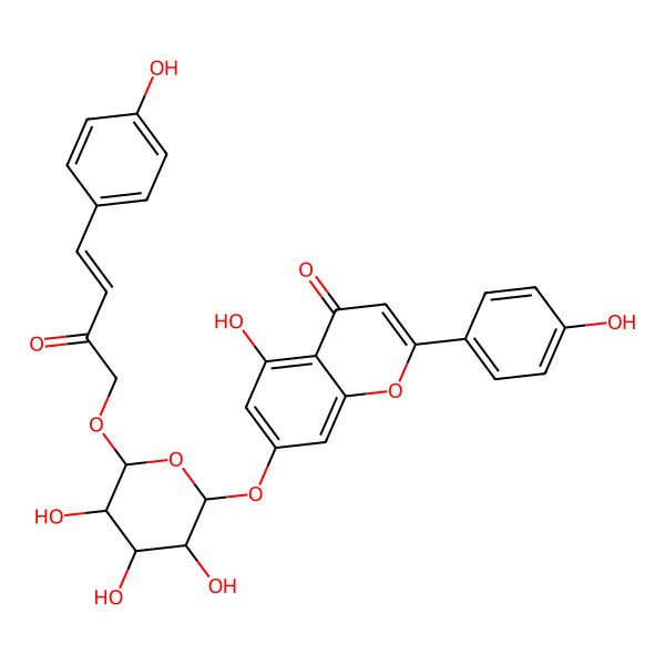 2D Structure of 5-hydroxy-2-(4-hydroxyphenyl)-7-[(2R,3R,4S,5S,6S)-3,4,5-trihydroxy-6-[(Z)-4-(4-hydroxyphenyl)-2-oxobut-3-enoxy]oxan-2-yl]oxychromen-4-one
