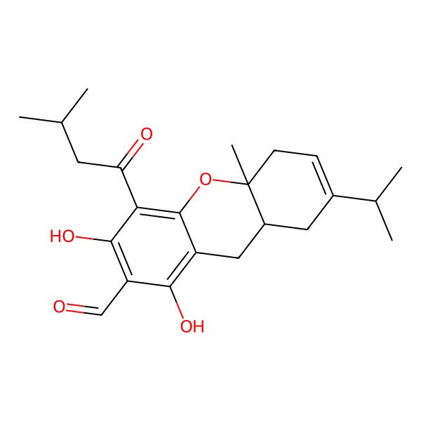 2D Structure of (8aS,10aS)-1,3-dihydroxy-10a-methyl-4-(3-methylbutanoyl)-7-propan-2-yl-5,8,8a,9-tetrahydroxanthene-2-carbaldehyde
