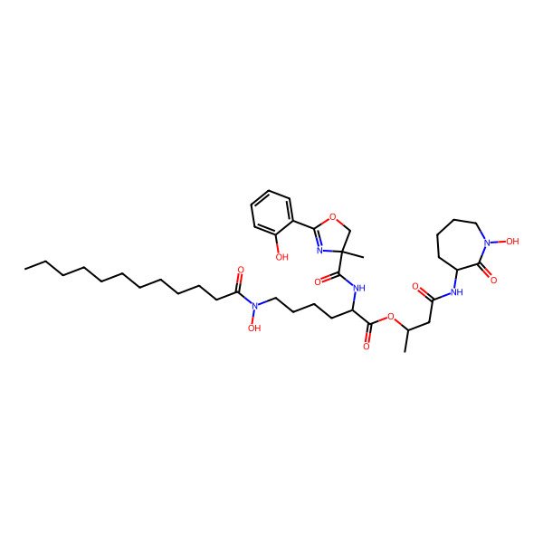 2D Structure of [4-[(1-hydroxy-2-oxoazepan-3-yl)amino]-4-oxobutan-2-yl] 6-[dodecanoyl(hydroxy)amino]-2-[[2-(2-hydroxyphenyl)-4-methyl-5H-1,3-oxazole-4-carbonyl]amino]hexanoate