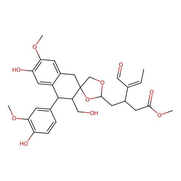 2D Structure of methyl (E,3R)-4-formyl-3-[[(1'S,2R,2'R,4R)-7'-hydroxy-1'-(4-hydroxy-3-methoxyphenyl)-2'-(hydroxymethyl)-6'-methoxyspiro[1,3-dioxolane-4,3'-2,4-dihydro-1H-naphthalene]-2-yl]methyl]hex-4-enoate