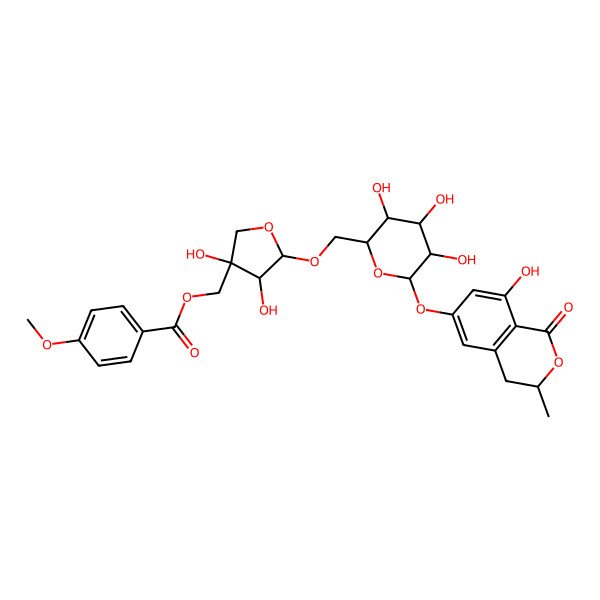 2D Structure of [3,4-Dihydroxy-5-[[3,4,5-trihydroxy-6-[(8-hydroxy-3-methyl-1-oxo-3,4-dihydroisochromen-6-yl)oxy]oxan-2-yl]methoxy]oxolan-3-yl]methyl 4-methoxybenzoate