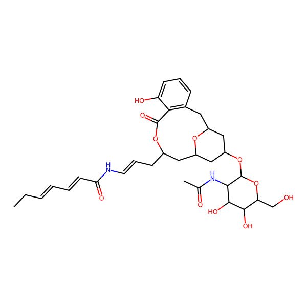 2D Structure of (2Z,4Z)-N-[(E)-3-[(1S,11S,13R,15S)-15-[(2R,3R,4R,5S,6R)-3-acetamido-4,5-dihydroxy-6-(hydroxymethyl)oxan-2-yl]oxy-7-hydroxy-9-oxo-10,17-dioxatricyclo[11.3.1.03,8]heptadeca-3(8),4,6-trien-11-yl]prop-1-enyl]hepta-2,4-dienamide