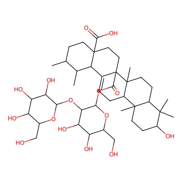 2D Structure of (1S,2R,6aR,6bR,12aR)-6a-[(3R,4S,5S,6R)-4,5-dihydroxy-6-(hydroxymethyl)-3-[(3R,4S,5S,6R)-3,4,5-trihydroxy-6-(hydroxymethyl)oxan-2-yl]oxyoxan-2-yl]oxycarbonyl-10-hydroxy-1,2,6b,9,9,12a-hexamethyl-2,3,4,5,6,6a,7,8,8a,10,11,12,13,14b-tetradecahydro-1H-picene-4a-carboxylic acid