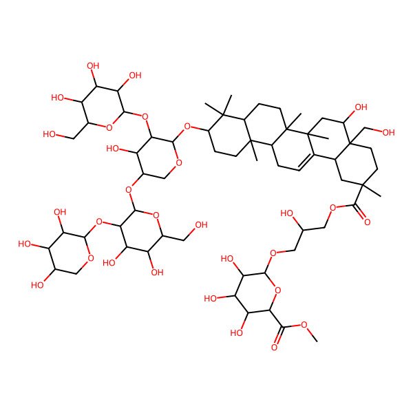 2D Structure of Methyl 6-[3-[10-[5-[4,5-dihydroxy-6-(hydroxymethyl)-3-(3,4,5-trihydroxyoxan-2-yl)oxyoxan-2-yl]oxy-4-hydroxy-3-[3,4,5-trihydroxy-6-(hydroxymethyl)oxan-2-yl]oxyoxan-2-yl]oxy-5-hydroxy-4a-(hydroxymethyl)-2,6a,6b,9,9,12a-hexamethyl-1,3,4,5,6,6a,7,8,8a,10,11,12,13,14b-tetradecahydropicene-2-carbonyl]oxy-2-hydroxypropoxy]-3,4,5-trihydroxyoxane-2-carboxylate