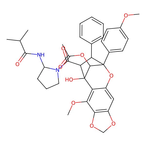 2D Structure of [1-Hydroxy-3-methoxy-12-(4-methoxyphenyl)-14-[2-(2-methylpropanoylamino)pyrrolidine-1-carbonyl]-13-phenyl-5,7,11-trioxatetracyclo[10.2.1.02,10.04,8]pentadeca-2,4(8),9-trien-15-yl] acetate