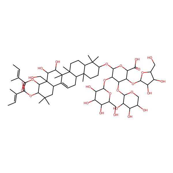 2D Structure of 6-[[7,8-Dihydroxy-8a-(hydroxymethyl)-4,4,6a,6b,11,11,14b-heptamethyl-9,10-bis(2-methylbut-2-enoyloxy)-1,2,3,4a,5,6,7,8,9,10,12,12a,14,14a-tetradecahydropicen-3-yl]oxy]-3-[3,4-dihydroxy-5-(hydroxymethyl)oxolan-2-yl]oxy-5-[3,4,5-trihydroxy-6-(hydroxymethyl)oxan-2-yl]oxy-4-(3,4,5-trihydroxyoxan-2-yl)oxyoxane-2-carboxylic acid